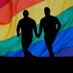 Gay Men Running with Rainbow flag background