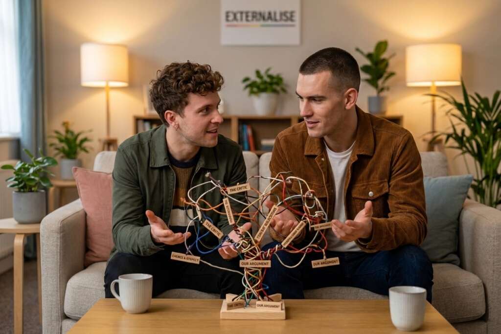 Externalise the behaviour pattern Male couple explore "Externalise the behaviour pattern" technique in couple counselling