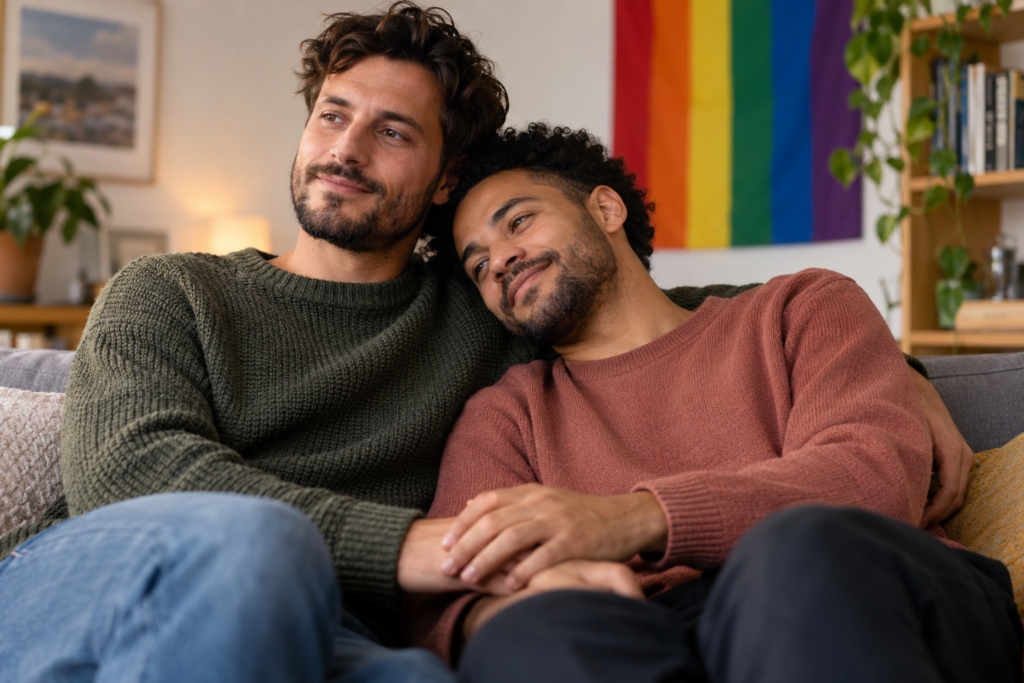 Gay Couple at different life stages Gay Couple Sitting Together